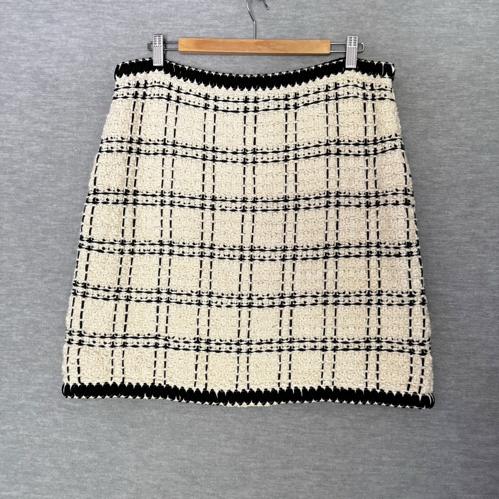 TORY BURCH Skirt XL Cream Black Tweed Windowpane Career Linen Wool Heavy Womens